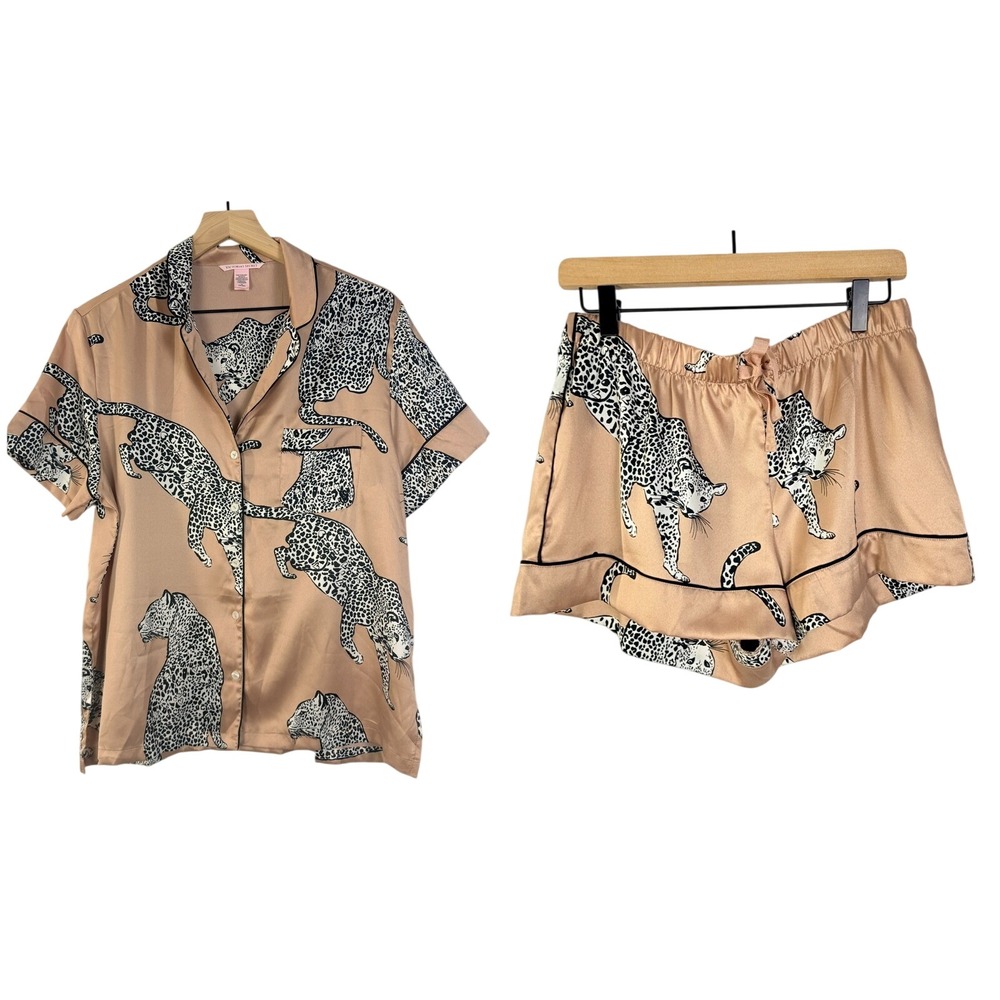 Victoria's Secret Satin Pajama Set Leopard Print Tan Black 2 Piece NWT Medium - Picture 3 of 9